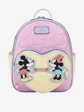 NWT Disney Pink & Yellow Quilted Mickey & Minnie Mouse Heart Backpack